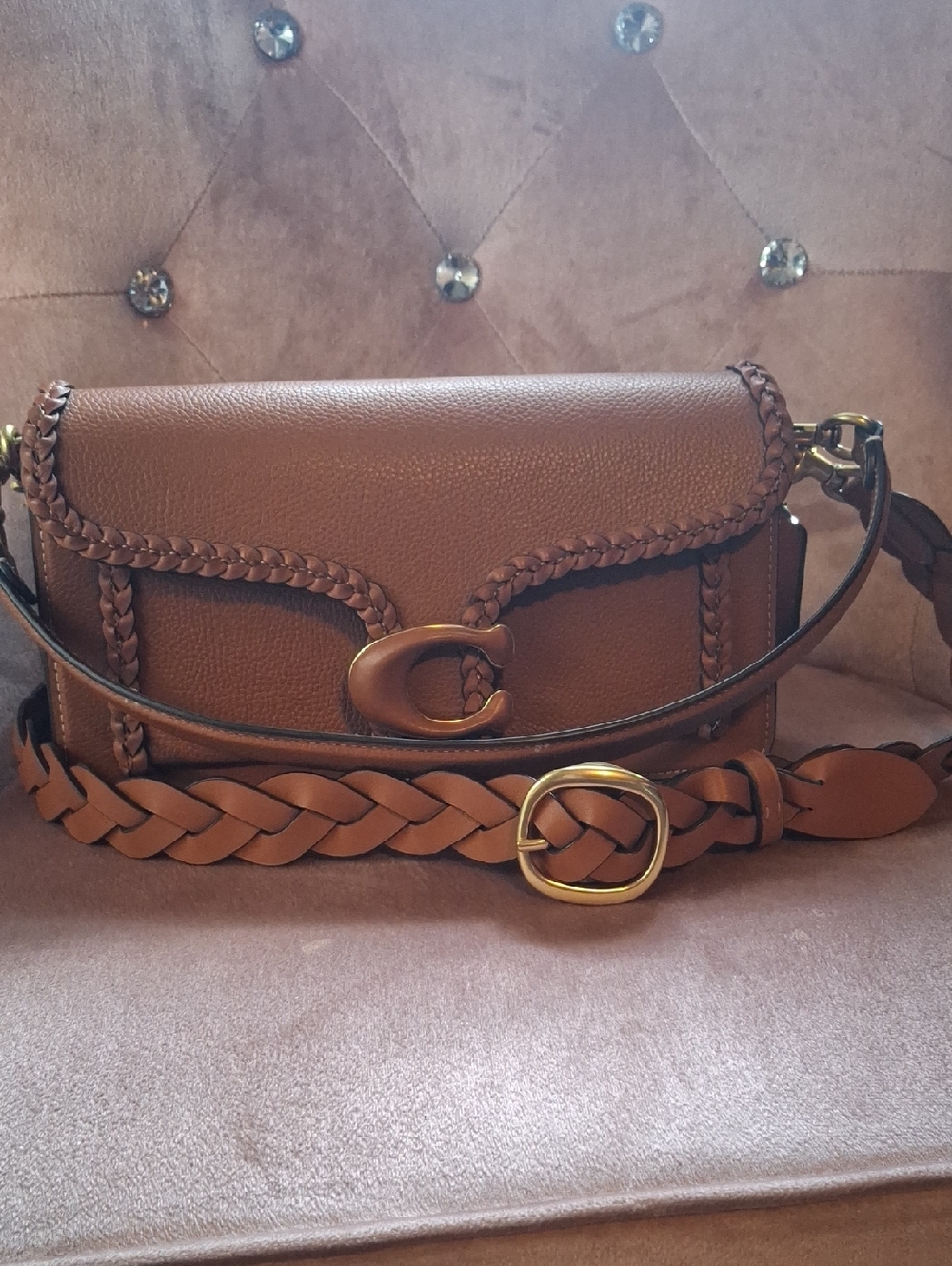 Coach Tan Braided Leather Flap Crossbody with Gold C-Clasp